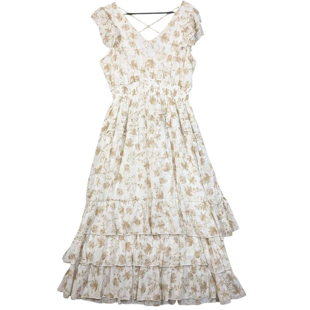 J Gee White‎ Tan Floral Ruffled Maxi Dress Peasant Boho Cottagecore Size M
